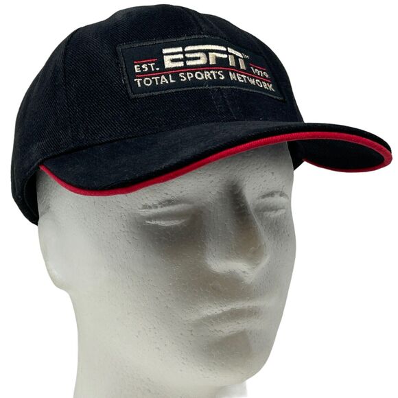 Vintage ESPN Baseball Cap Hat 90s Total Sports Network USA Made Strapback Black - Picture 1 of 10